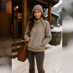 Abercrombie & Fitch Women's M Sherpa Fleece Pullover Quilted Snap Oatmeal Taupe